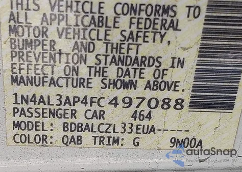 2015 Nissan Altima 2.5 z USA, uszkodzony, nr VIN 1N4AL3AP4FC497088